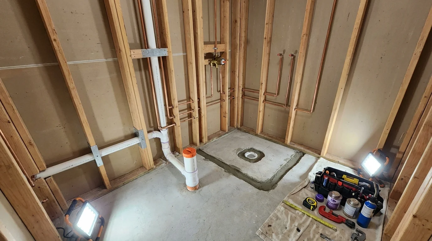Bathroom rough-in plumbing during remodel by Johns Plumbing LLC in Henderson