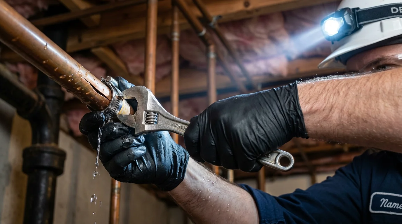 Emergency pipe clamp repair being performed by a Johns Plumbing LLC plumber in Henderson