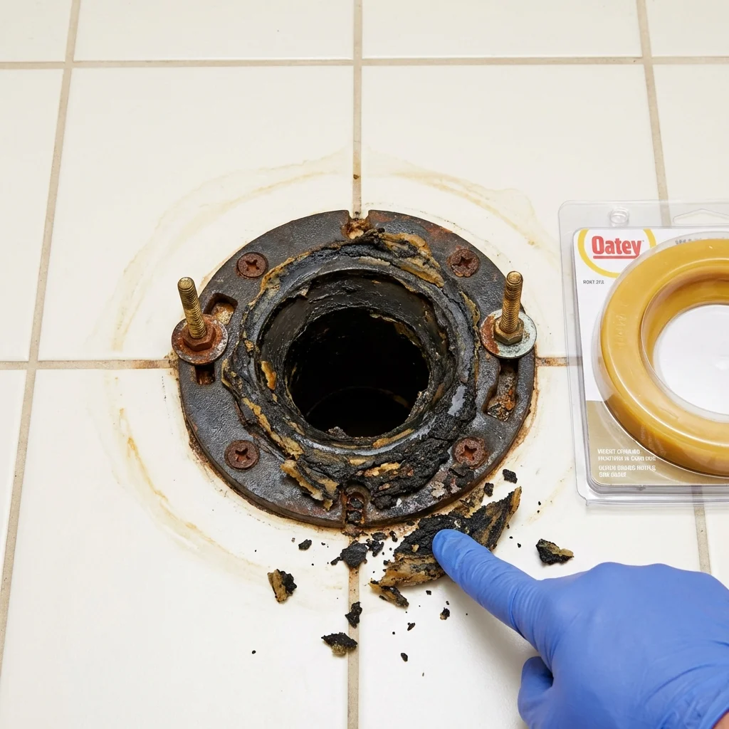 Failed wax ring showing water seepage at the base of a toilet in a Henderson, NC home