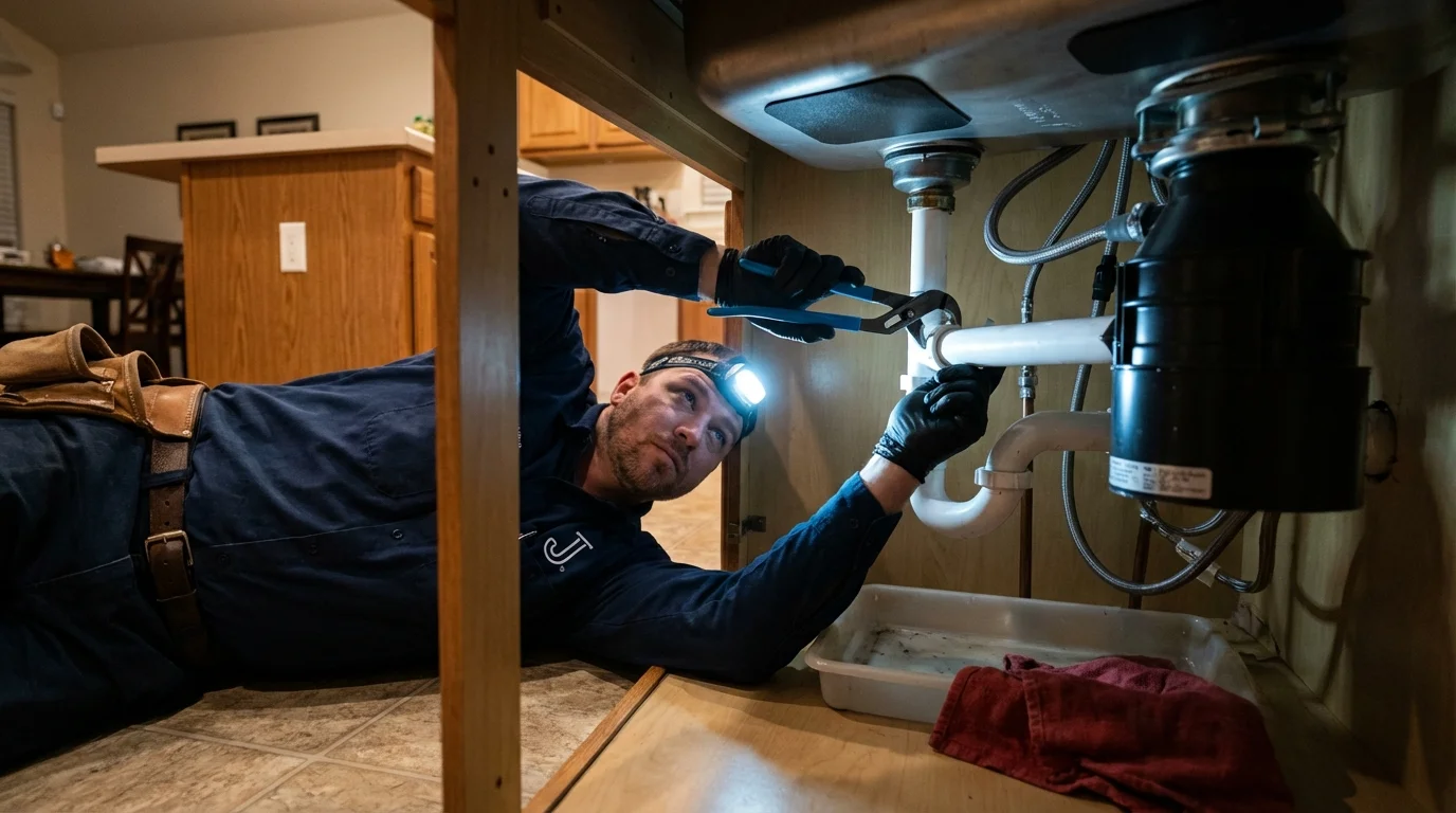 P-trap and supply line connections under a kitchen sink showing a common leak point in Henderson, NC